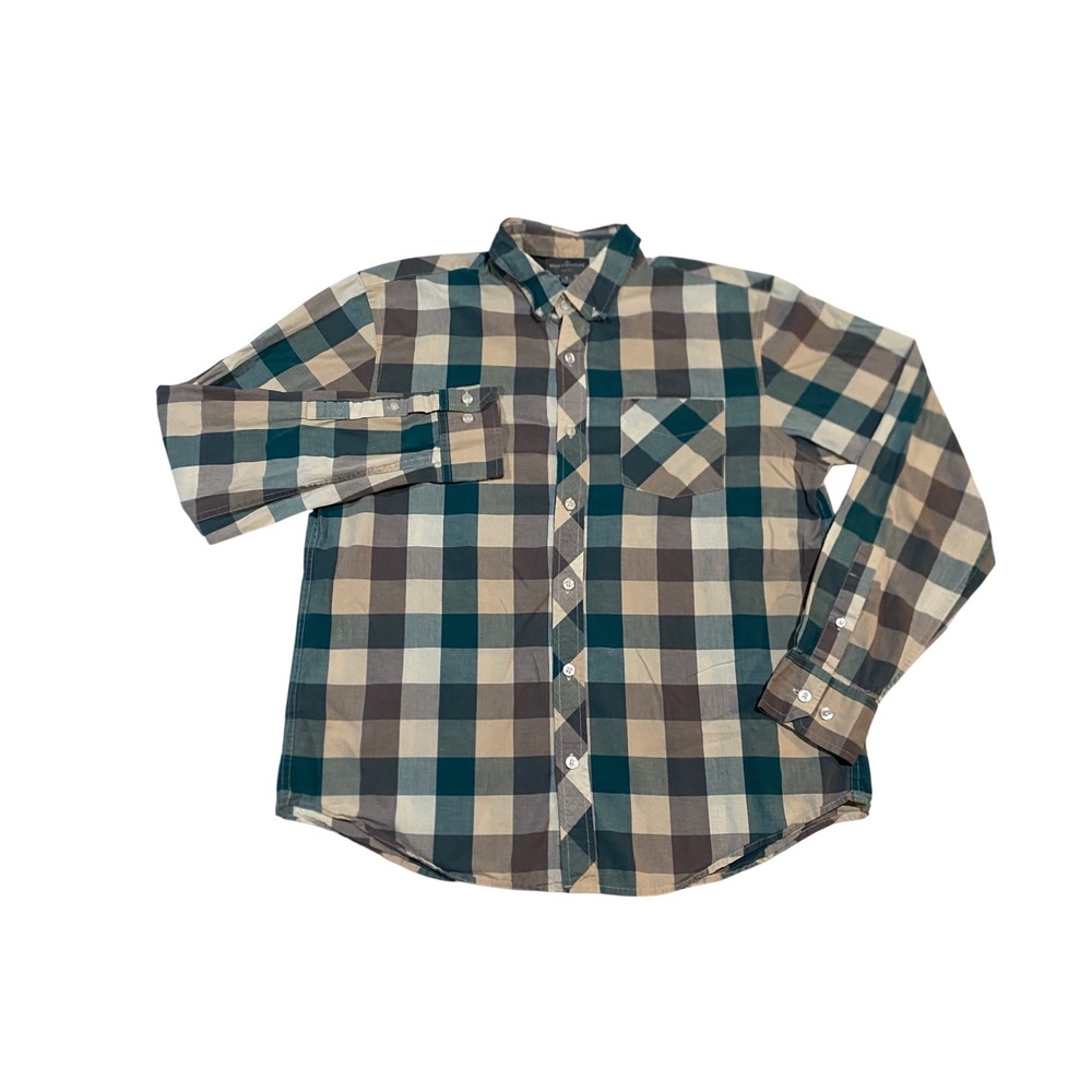 LL Bean Signature Slim Fit Plaid Button Down Shirt Mens Medium 100% Cotton Teal
